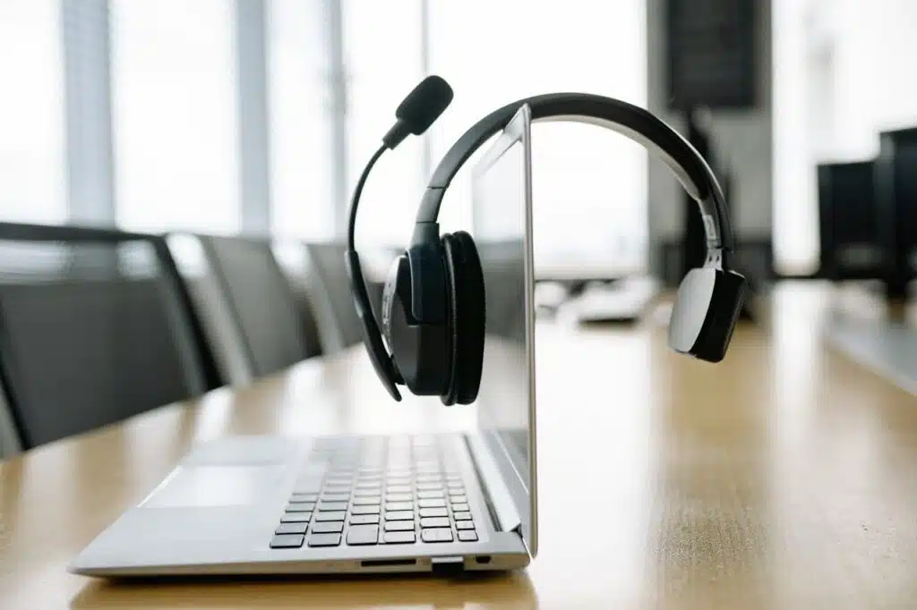 black headset microphone on a laptop